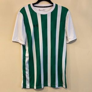 Men’s Under Armor heatgear fitted green and white athletic shirt